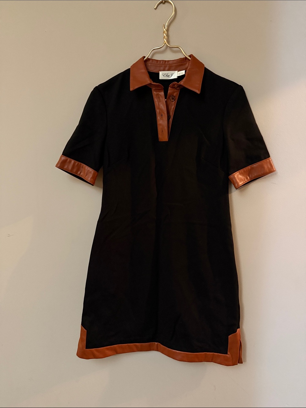 Eliza J Black Dress with Brown vegan Leather Trim Polo Collar - Women’s Dress